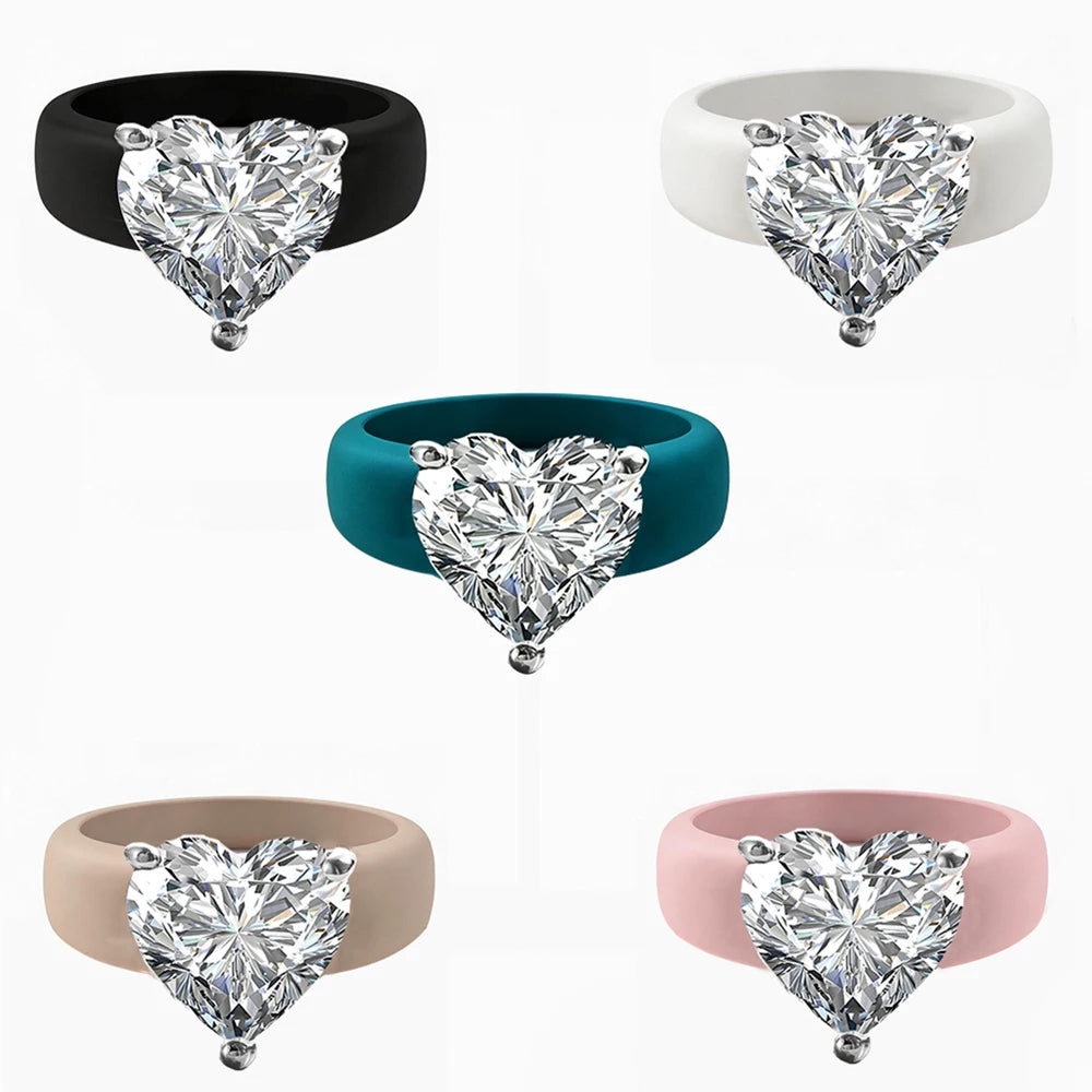 Silicone Holder Silver Three Claw Heart-Shaped Cubic Zirconia Ring
