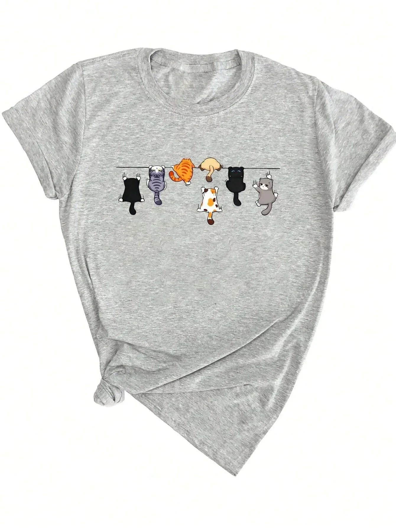 Cute Cat Print Round Neck Short Sleeve T-Shirt