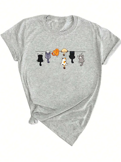 Cute Cat Print Round Neck Short Sleeve T-Shirt