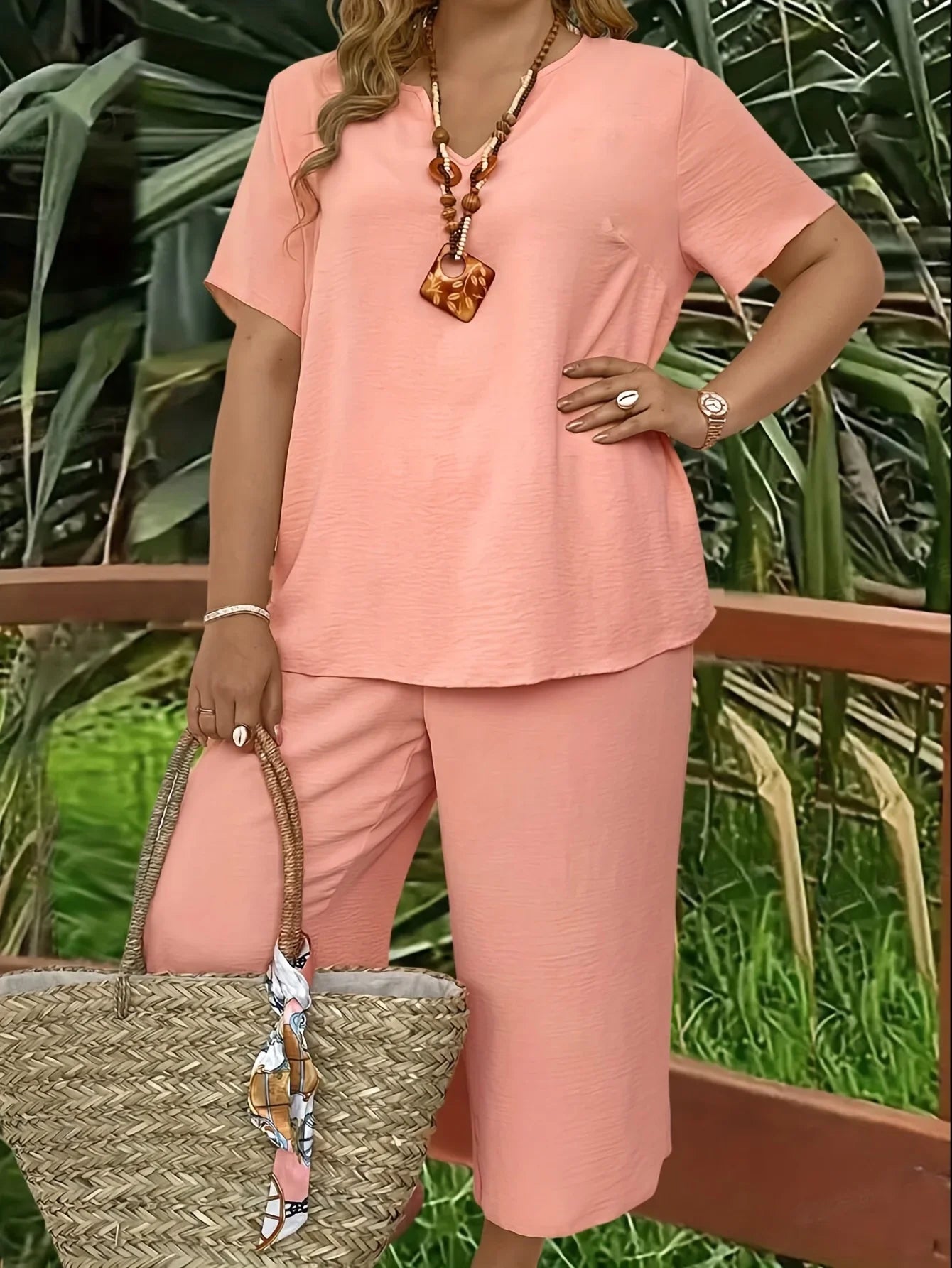 Plus size casual elegant short-sleeved top and wide-leg pants