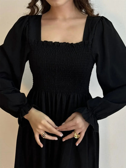 Long Sleeve Casual Chiffon Floral Elastic Chest Lace Up Midi Dress