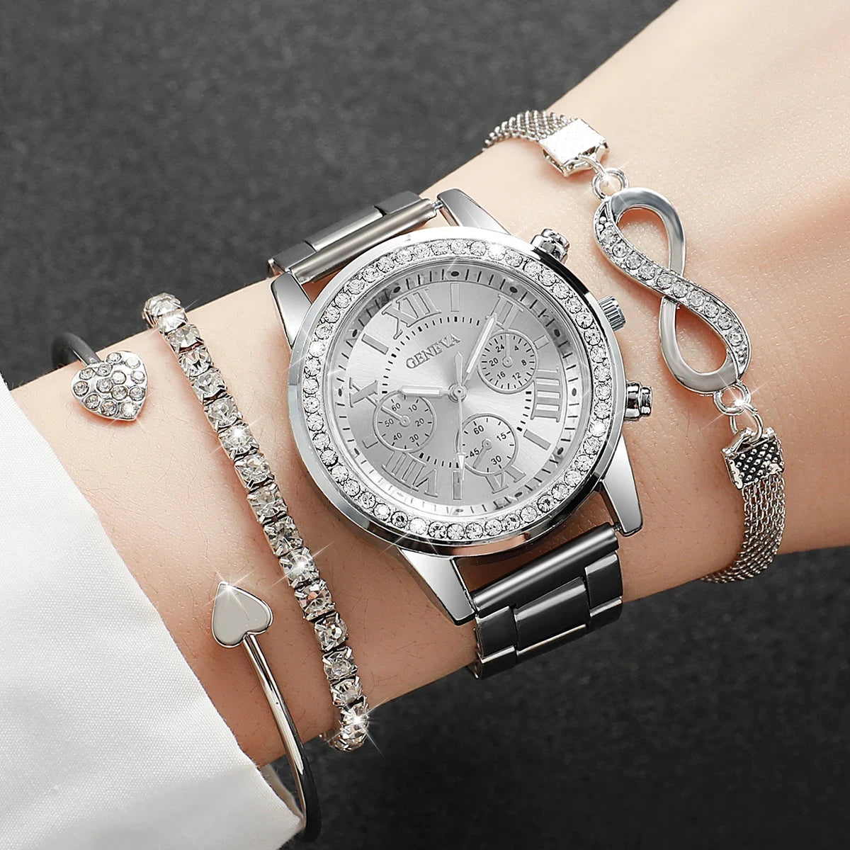 4PCS/Set Rhinestone Luxury Steel Band Quartz Bracelets Watches Set