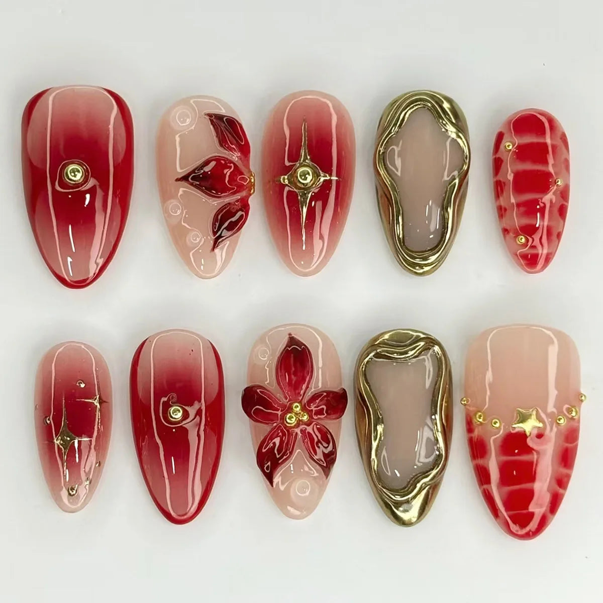 24Pcs Gilded 3D Flower Press on Nails Black French Leopard Print False Nails