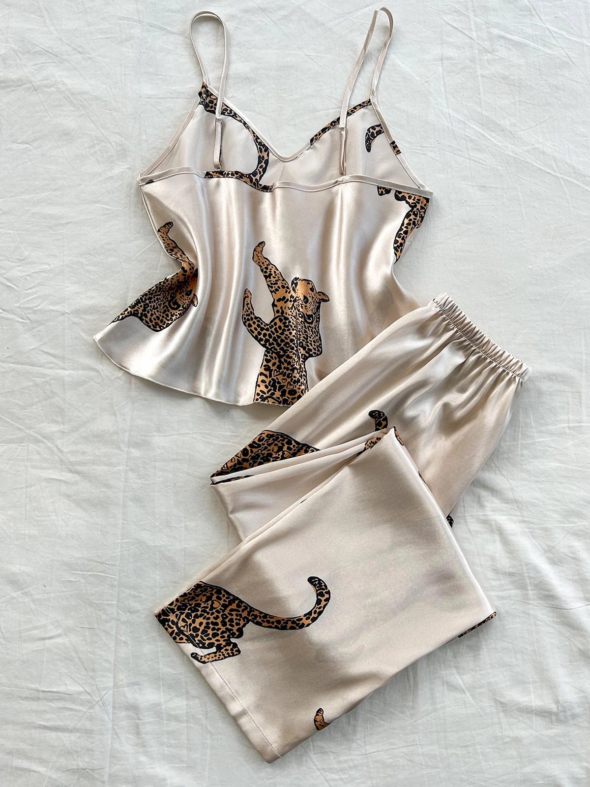 V Neck Leopard Print Suspender Long Pants Pajama Set