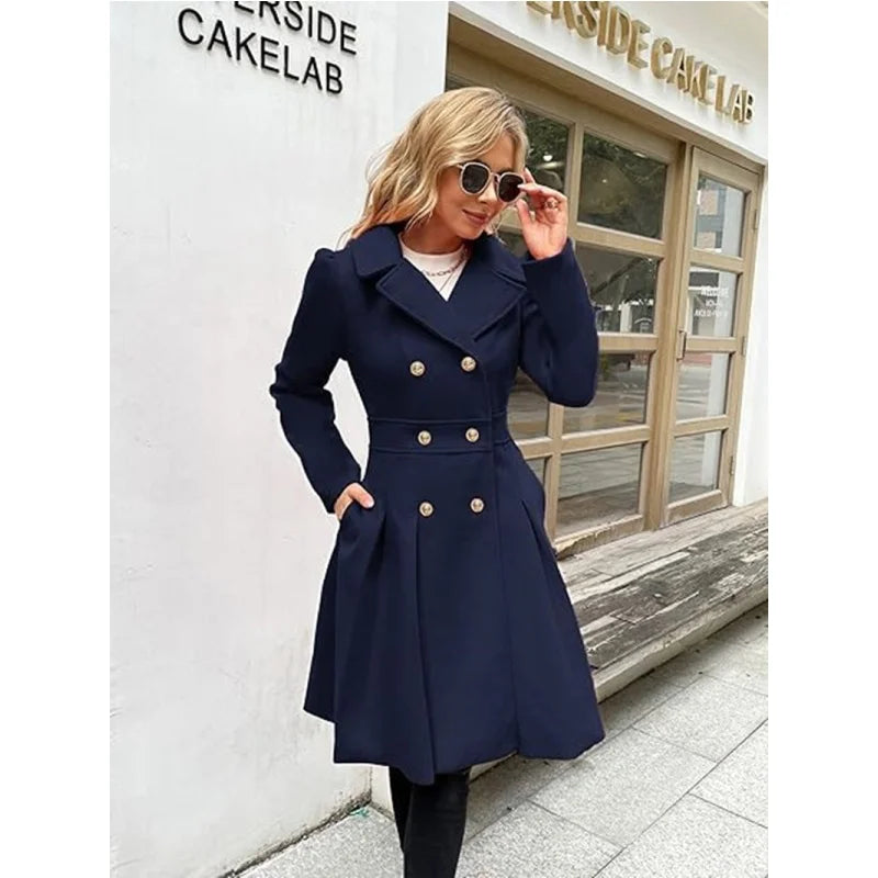 Winter Woolen Trench Coat Skirt Double Breasted Flip Lapel Jacket