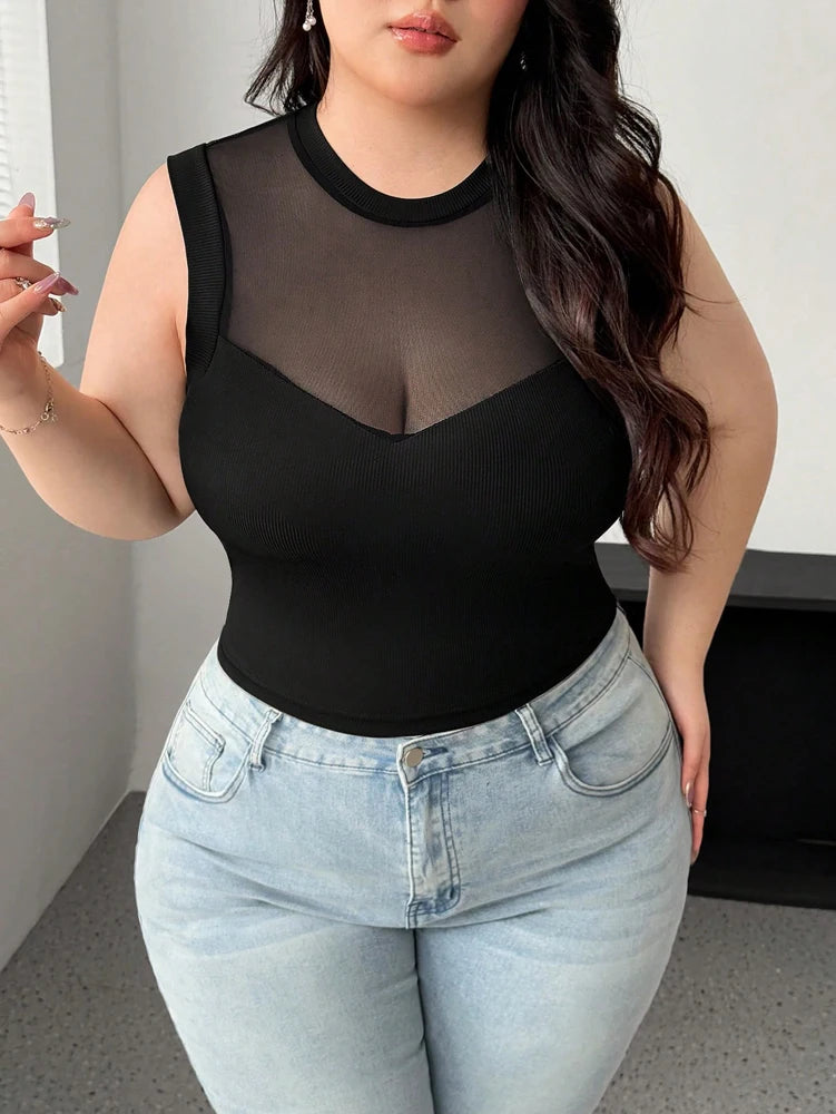 Plus Size Sleeveless Round Neck Mesh See Through Sexy Blouse