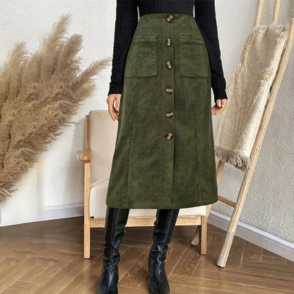 Vintage Green High Waist  Button Up Pocket Midi Long Skirts