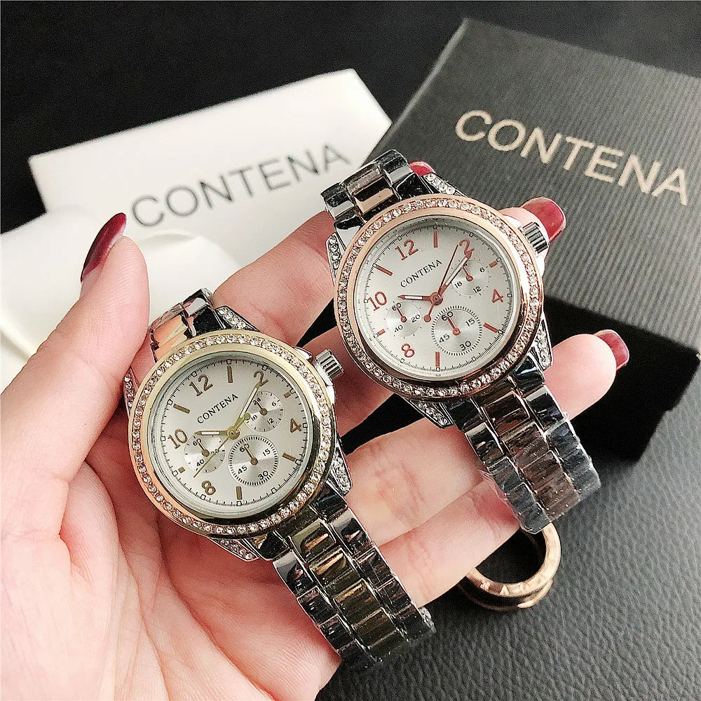 Luxury Stainless Steel Rhinestone Quartz Wristwatch