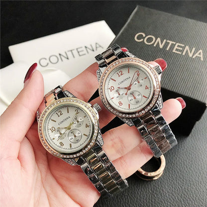 Luxury Stainless Steel Rhinestone Quartz Wristwatch