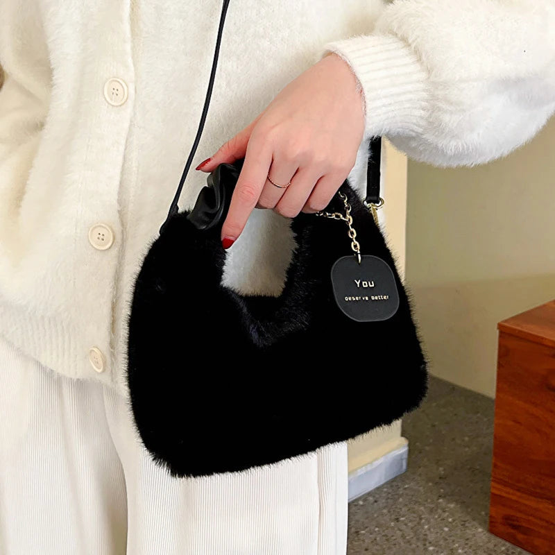 Faux Fur Plush Ruched Handle Small Shoulder Crossbody Bag