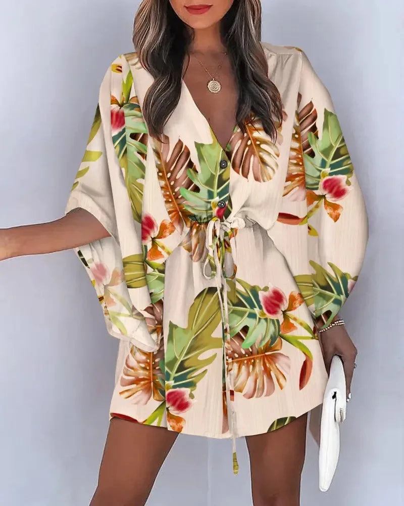 Floral Print Bat Half-Sleeve Dress