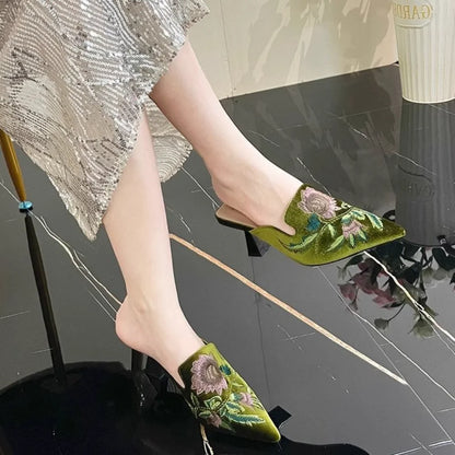 Elegant Velvet Mule Heels Pointed Toe Cone Heel Shoes