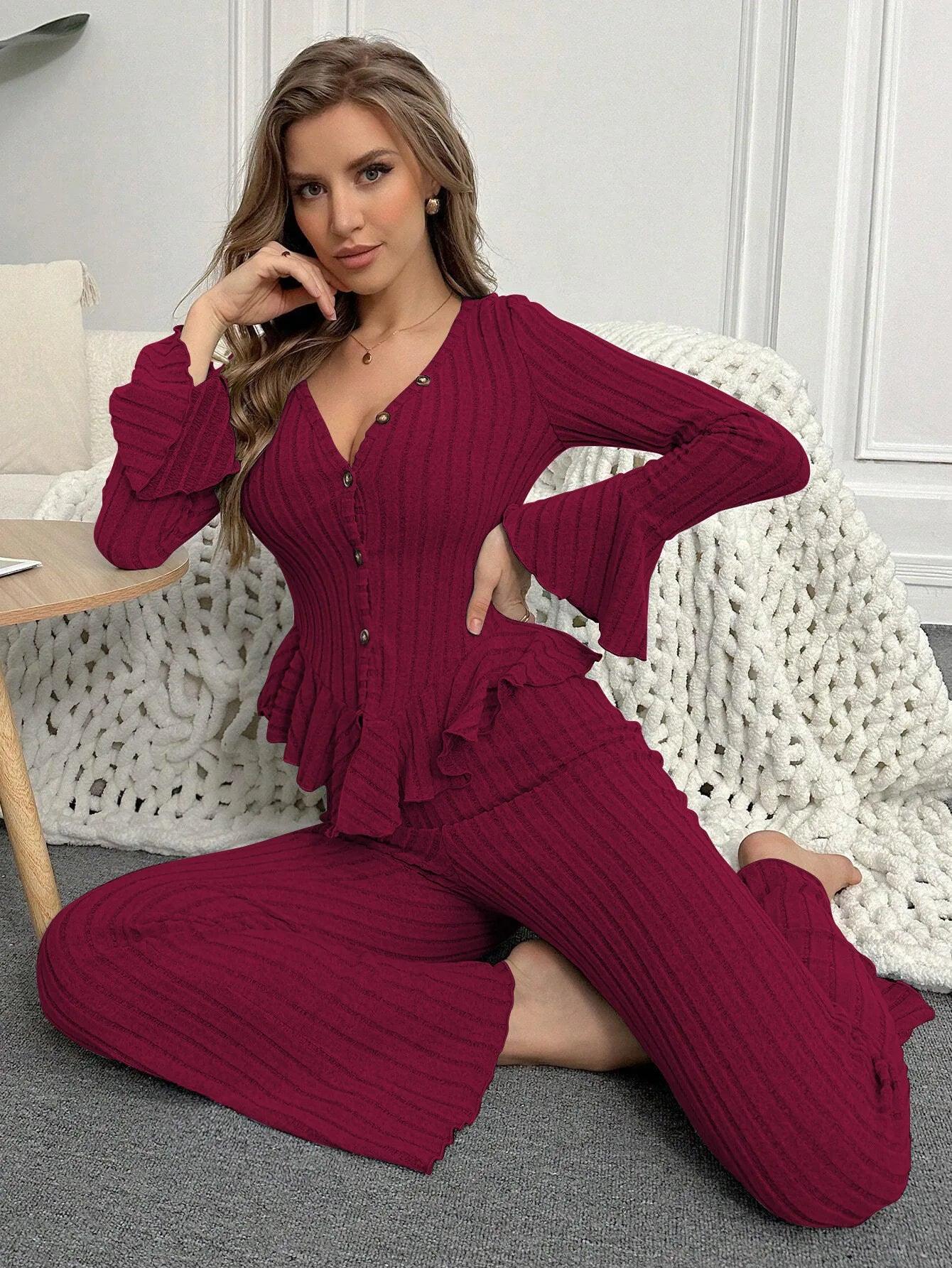 Sexy V Neck Long Sleeve Pyjamas Set