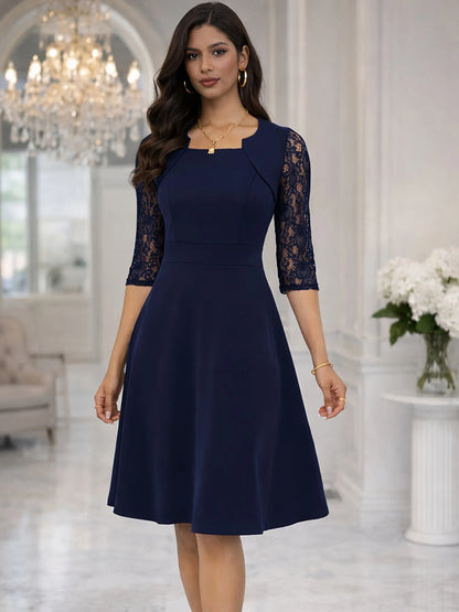Vintage Floral Lace Square Neck High Waist Medium Sleeve Slim Flared Dress