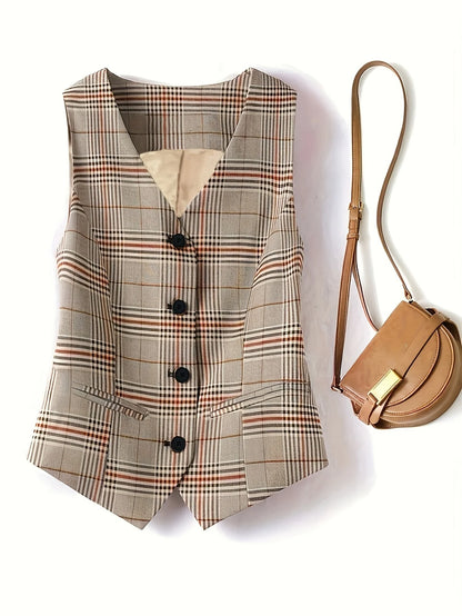 Commuting V-neck Checkered Office Professional Slim-fit Suit Vest