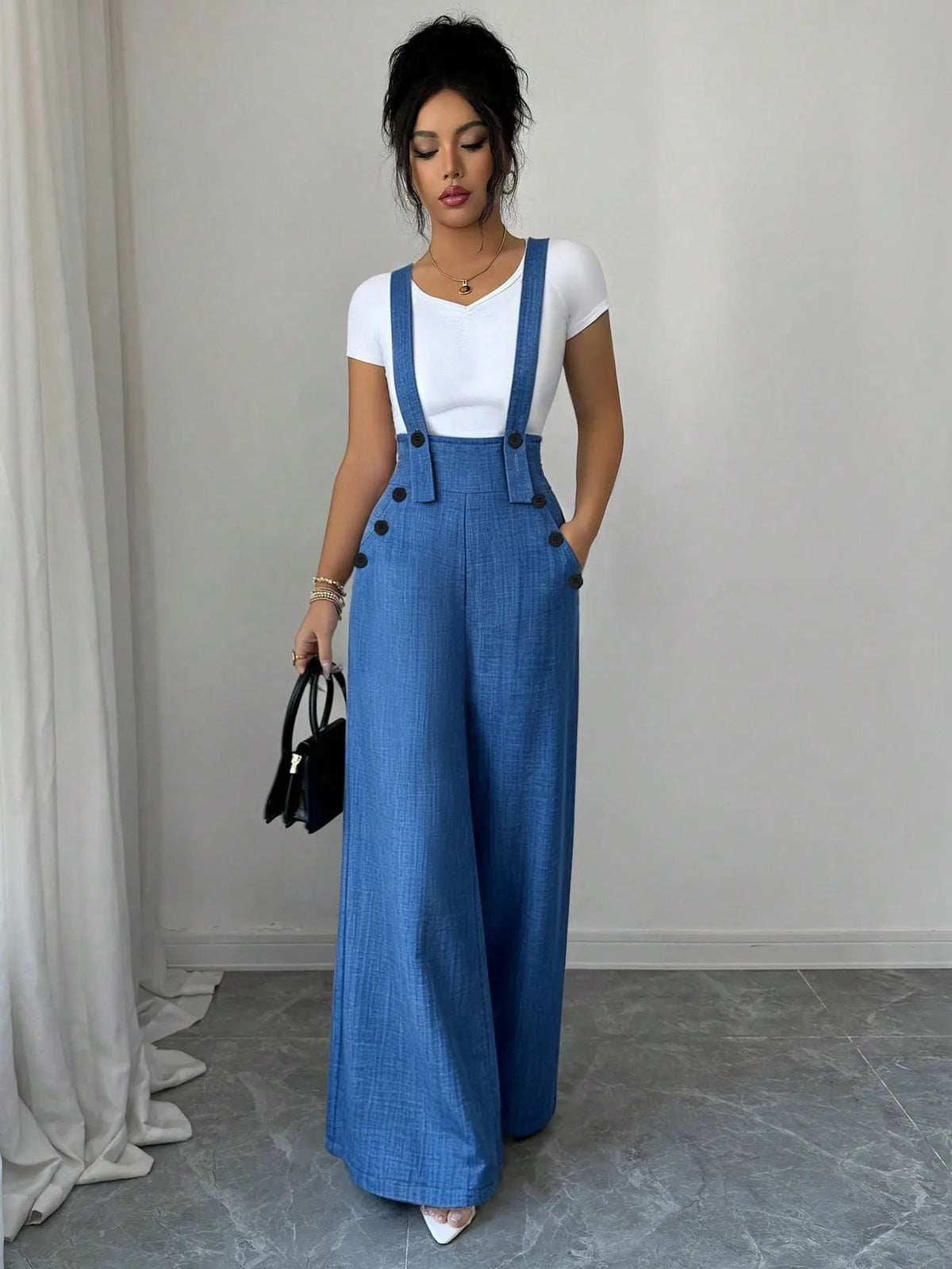 Casual Elegant Button Detail Wide Leg Pants Overalls
