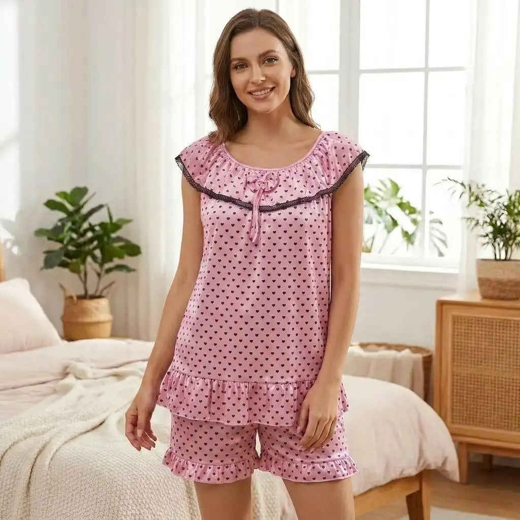 Heart Print Short Sleeve Round Neck  Soft Shorts Sleepwear Pajama Set
