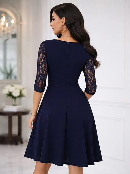 Vintage Floral Lace Square Neck High Waist Medium Sleeve Slim Flared Dress