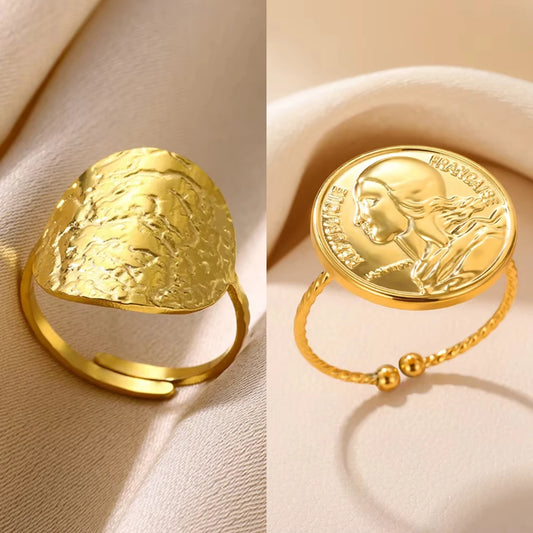 Gold Stainless Steel Coin Broad Surface Elliptical Geometry Rings