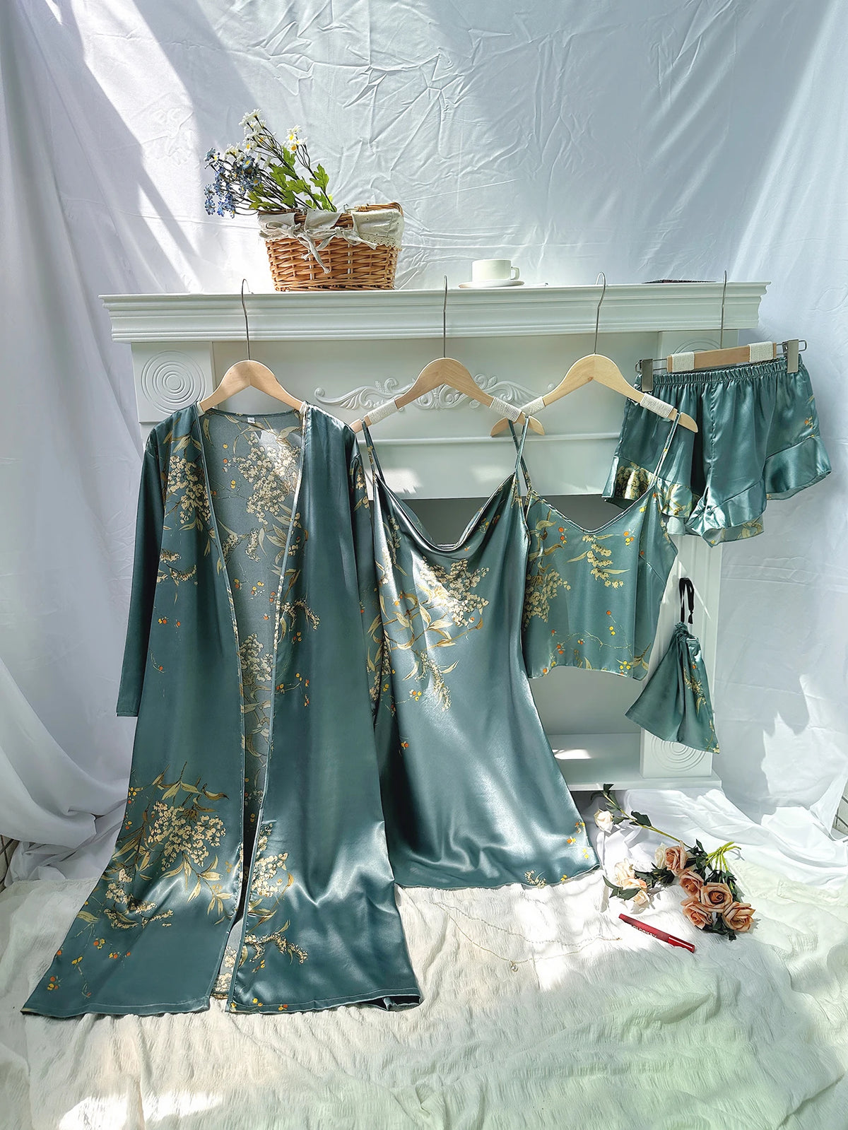 5pcs Floral Print Long Sleeve Robe Cami Dress Pajamas Sets
