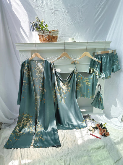 5pcs Floral Print Long Sleeve Robe Cami Dress Pajamas Sets