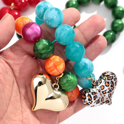 Boho Colorful Round Beads Heart Pendant Elastic Bracelets