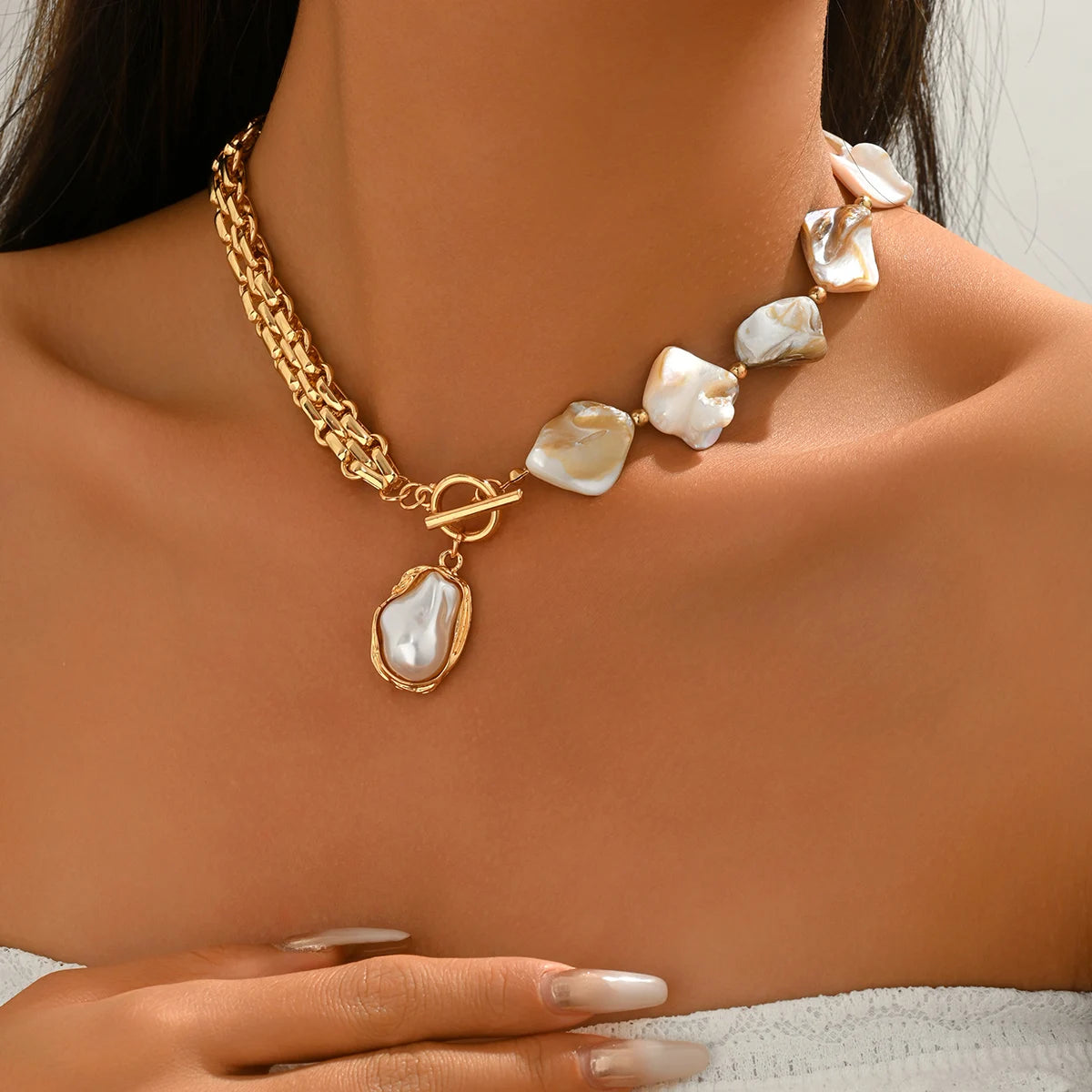 Boho Baroque Pearl Choker Asymmetric Cuban Link Chain Toggle Necklace