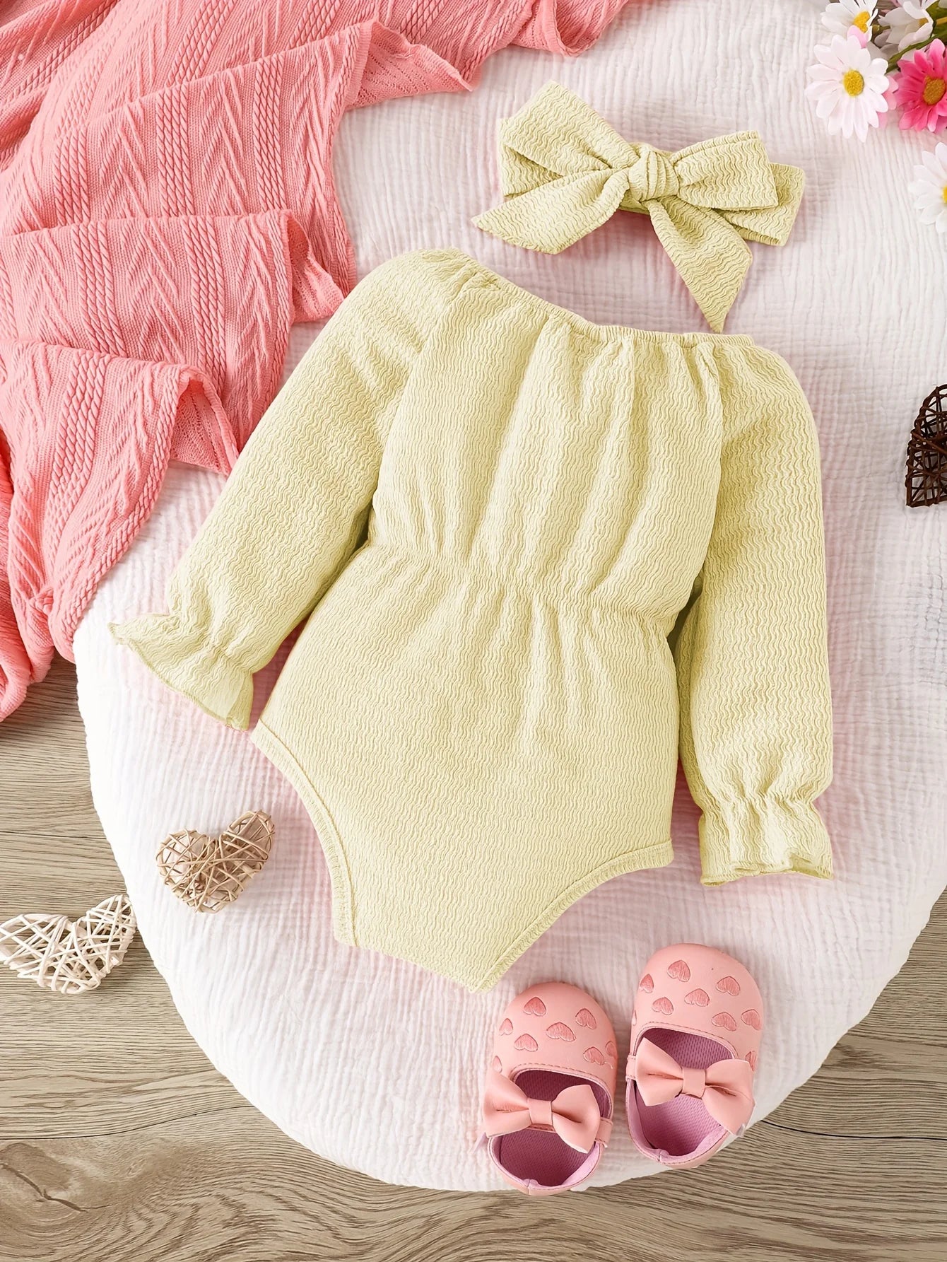 2pieces-Baby Bow Pink Long Sleeve Onesie Set