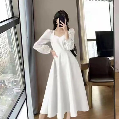 Long Puff Sleeve Solid Elegant Dress