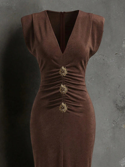 Solid Sleeveless Skinny Evening Midi Long Dress