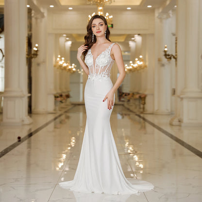 Elegant Straps Pearls Backless Dress