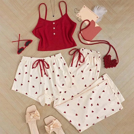 Casual Heart-Shaped Printed Vest and Shorts and Pants Paired with Ribbed Sleepwear Set