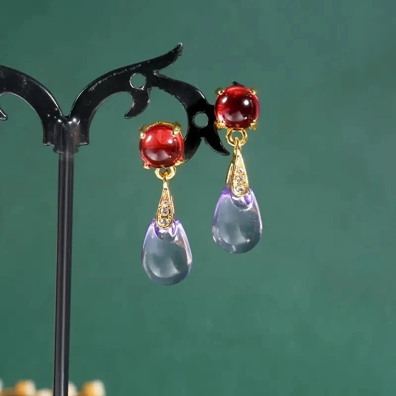 Luxurious Gold Red Stone Amethyst Sparkling Drop Earring Set