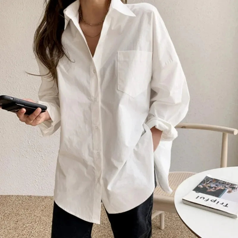 Office Elegant Loose Cotton Long Sleeve Shirt