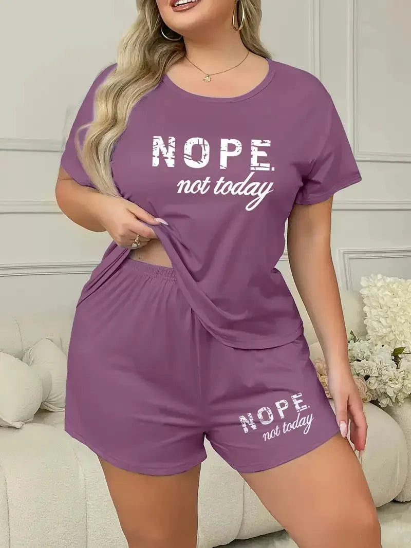 Letters Print Short Sleeve Tee And Elastic Shorts Plus Size Fit Pajama Set