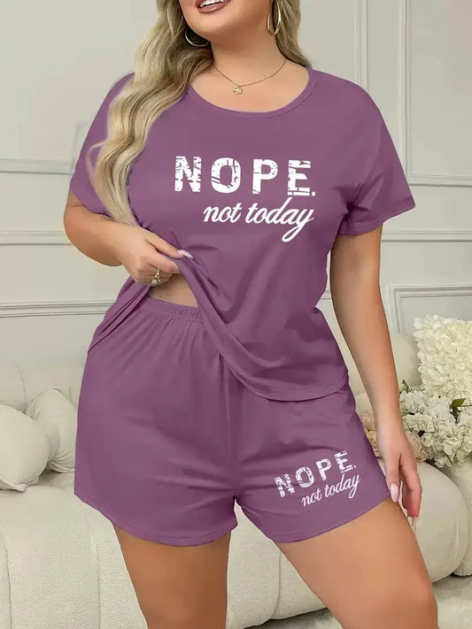 Letters Print Short Sleeve Tee And Elastic Shorts Plus Size Fit Pajama Set