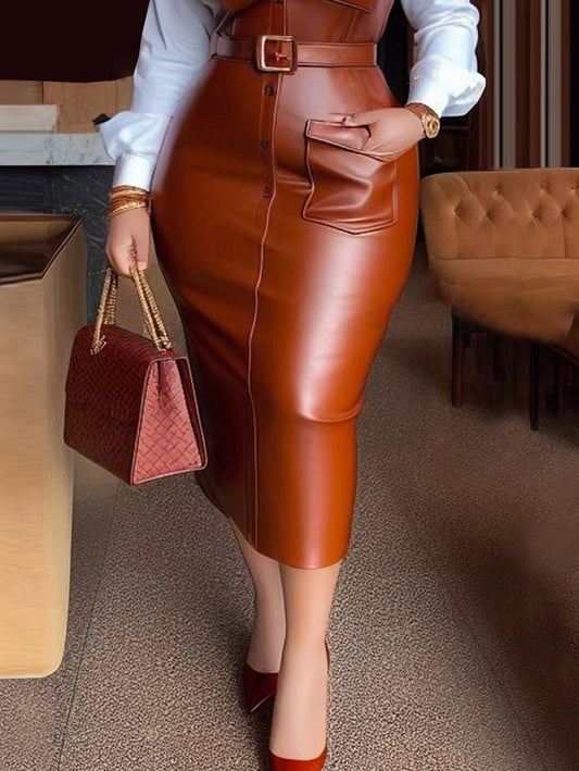 Long Sleeve Leather Skinny Midi Dress