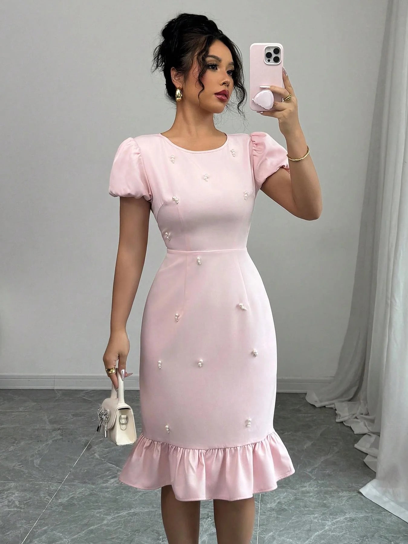 Creamy Smoothie Round Neck Elegant Short Sleeve Dress