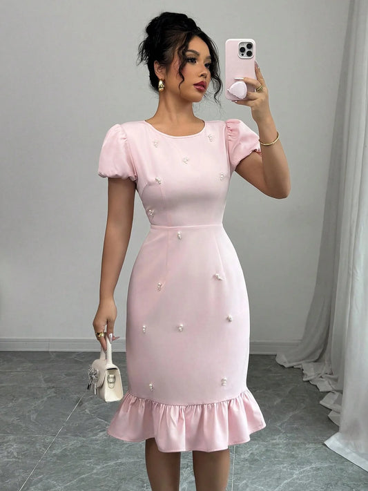 Creamy Smoothie Round Neck Elegant Short Sleeve Dress
