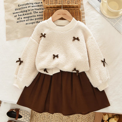 College Style Bow Long Sleeve Plush Top + Short Skirt Sets