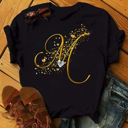 Custom Letter Combination Diamond Gold Letter T-shirt