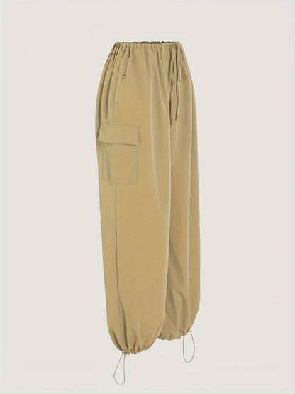Cargo Wide Leg Elastic Drawstring Waist Pocketed Loose Fit Pants