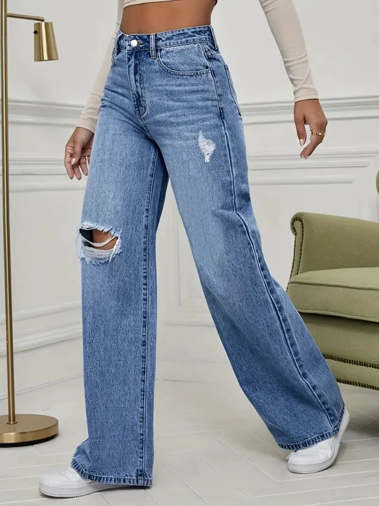 Wide Leg Vintage Distressed Ripped Floor Length Jeans Pants