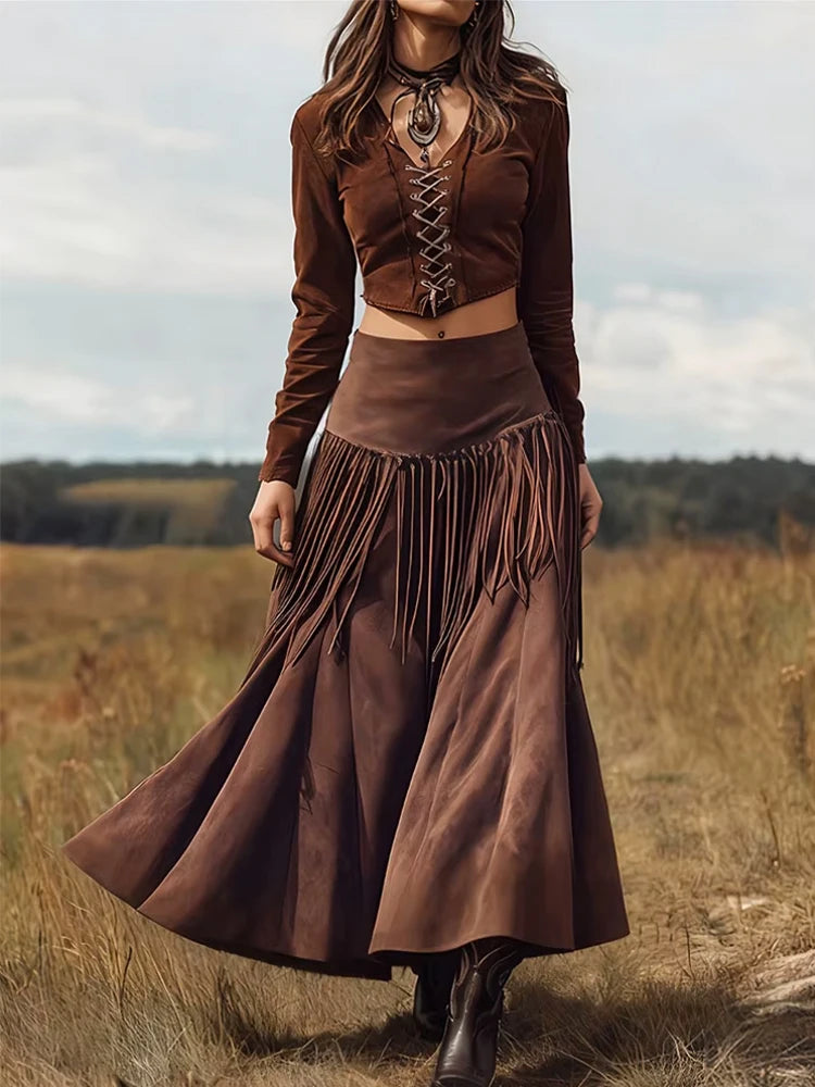 Ethnic Elegant Solid Tassel Slim Fit Midi Skirt
