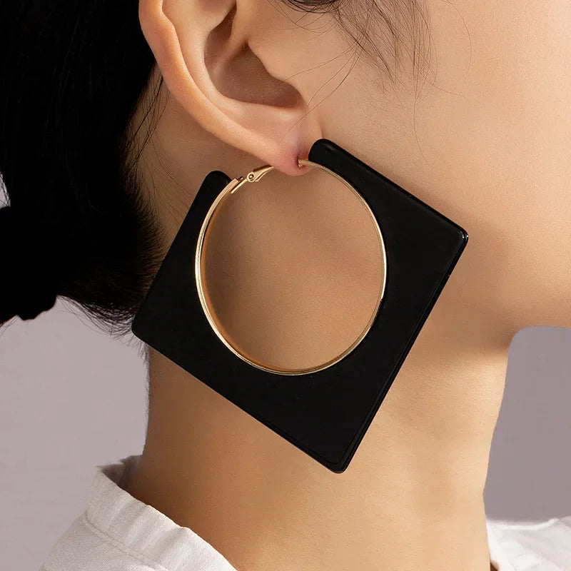 Large Black Clip On Hoop Earrings