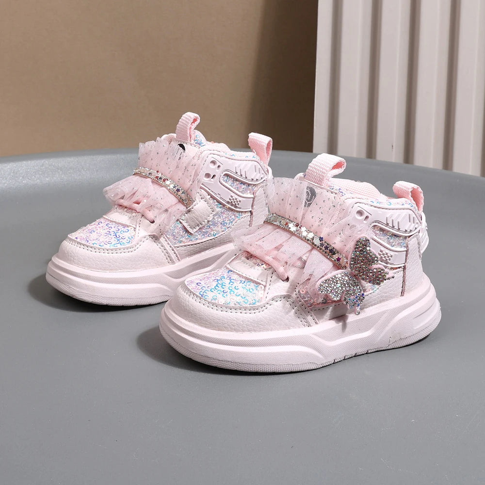 Autumn Children Leather Toddler Kids Sport  Bling Cute Butterfly Sneakers