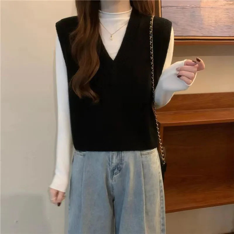 V-neck Knitted Vest Vintage Sleeveless Sweater Waistcoat Korean Chic