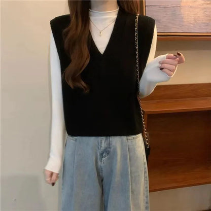 V-neck Knitted Vest Vintage Sleeveless Sweater Waistcoat Korean Chic