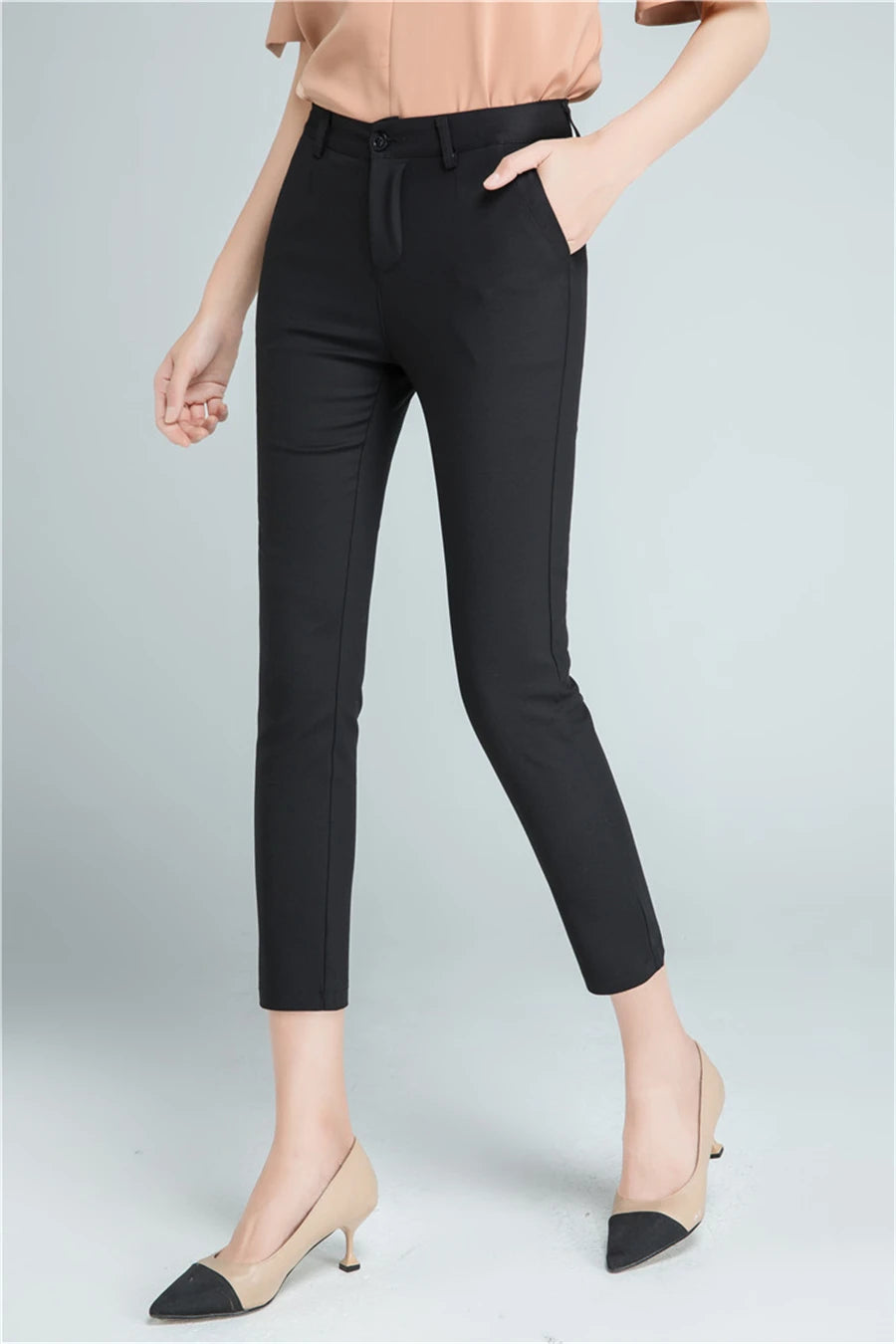 Pantalones rectos de algodón elástico de cintura ajustada