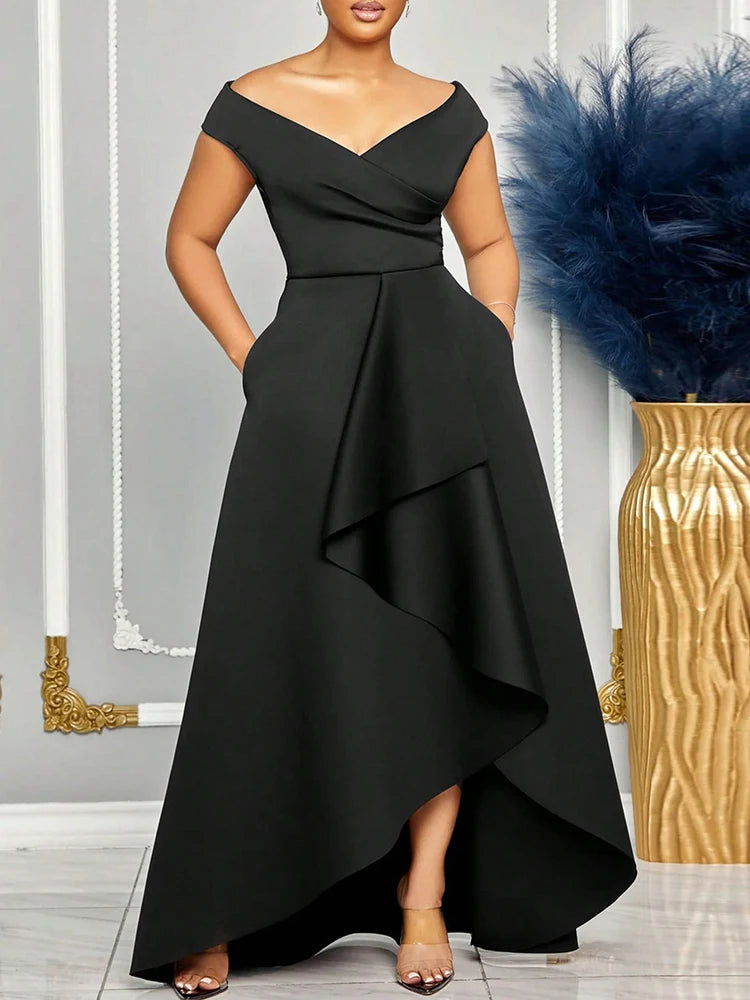 Off Shoulder Evening Solid Maxi Long With Sleeves Dress